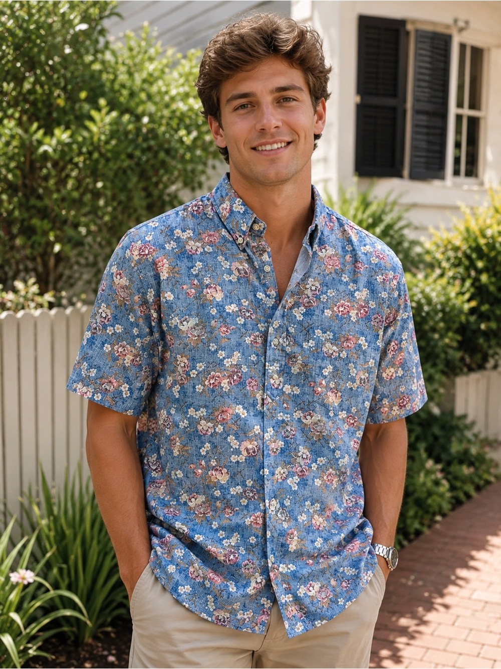 Reyn Spooner Blue Floral Short-Sleeve Button-Down Shirt